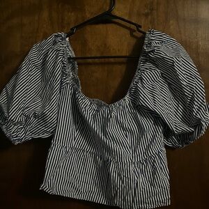 Navy Striped Puff Sleeve Blouse